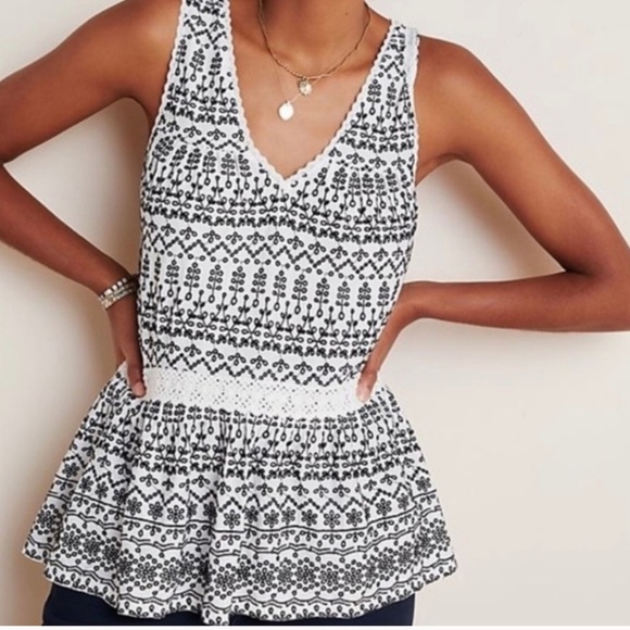 NWOT Anthropologie Maeve Cammie Embroidered Peplum Top in Black and White in M - Picture 1 of 8